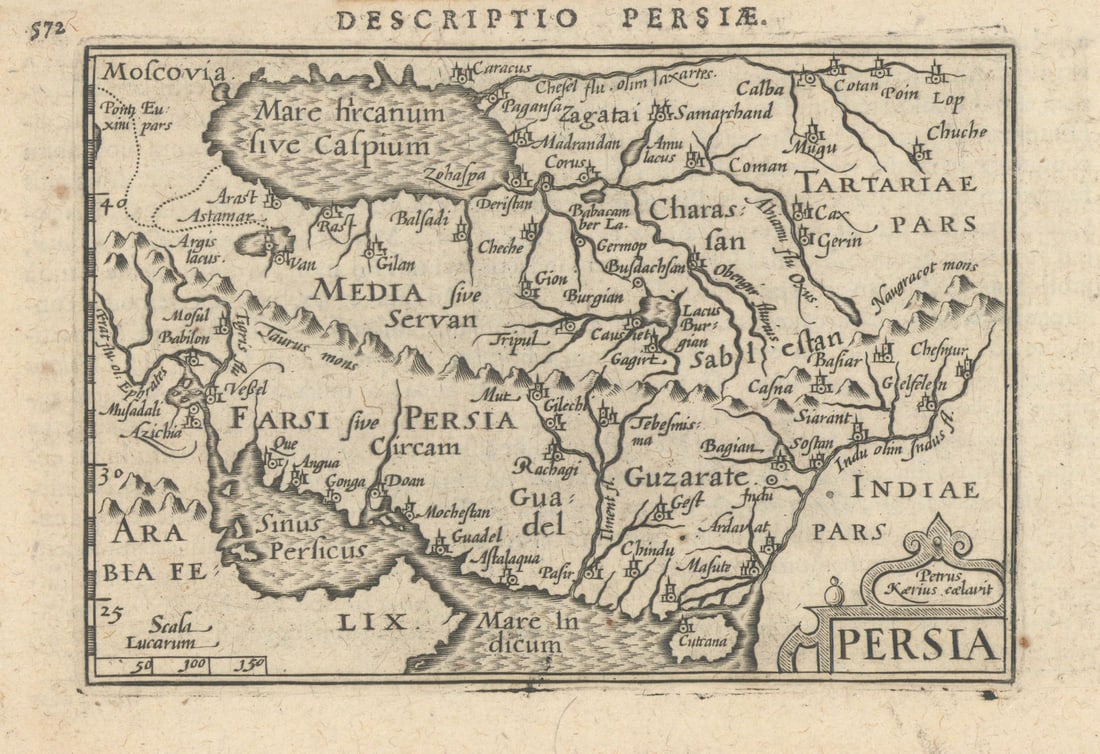 Persiae / Persia by Bertius / Langenes. Iran 1603 old antique map plan chart: Descriptio Persiae / Persia'. Drawn by Petrus Bertius, from his Latin edition of Barent Langenes' Caert Thresoor. Engraved by Petrus Kaerius (Pieter van den Keere). Published 1603. Antique