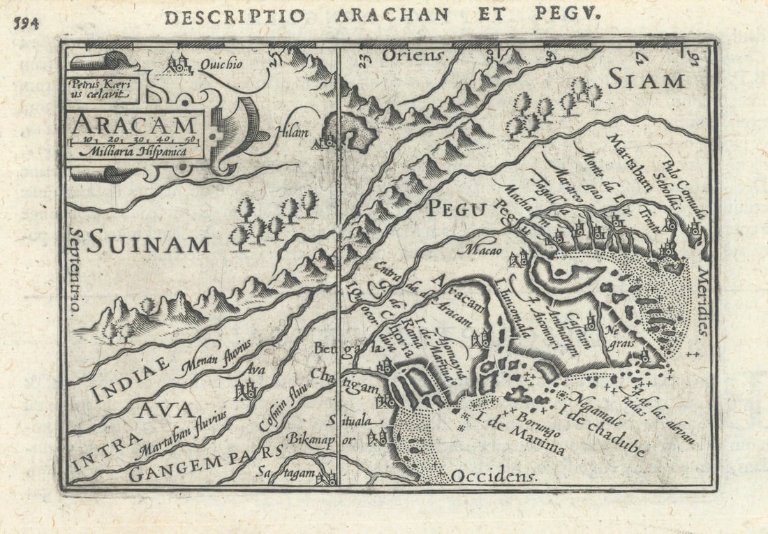 Arachan et Pegu / Aracam by Bertius / Langenes. Arakan & Pegu, Myanmar 1603 map: Descriptio Arachan et Pegu / Aracam [Arakan and Pegu, Myanmar]. The map is orientated to the east . Drawn by Petrus Bertius, from his Latin edition of Barent Langenes' Caert Thresoor. Engraved by