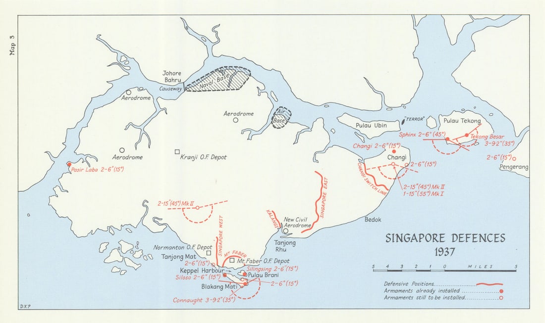 Singapore Defences 1937. Armaments Defensive positions. World War Two 1976 map: Singapore Defences, 1937' by HMSO. Published 1976. Vintage colour military history map. Size 14 x 24 cm | 5.5 x 9.5 inches. Condition: Good; suitable for framing. Please check the scan for any