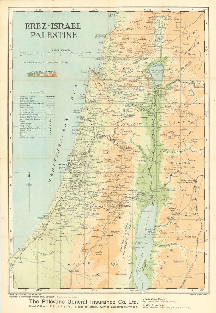 Erez-Israel - Palestine. British Mandate era. VILNAY/ STEIMATZKY 1935 old map: Erez-Israel - Palestine'. Compiled by Zev Vilnay. Zinc. M. Pikovsky. Printed by Azriel Press Jerusalem. Published 1935. Antique British Mandate era colour map. Size 55 x 38 cm | 21.5 x 15.0 inches.