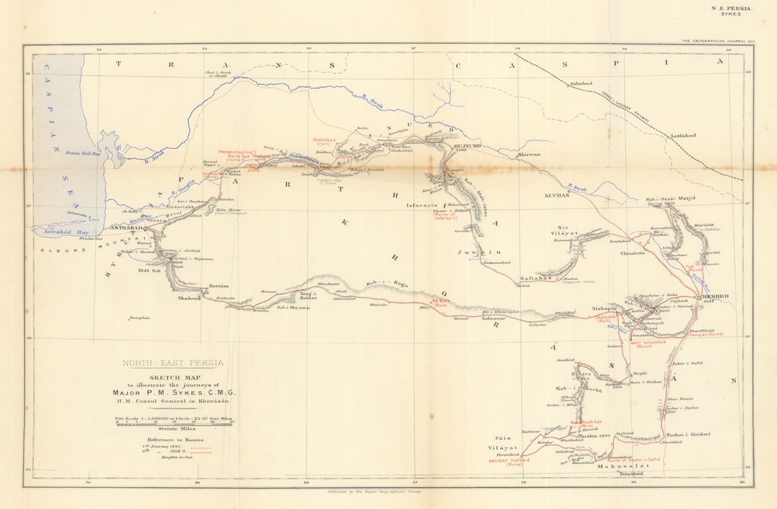North-east Persia. Journeys of Percy Sykes 1893 & 1908/9. Iran. RGS 1911 map: North-east Persia. Sketch map to illustrate the journeys of Major P. M. Sykes, C.M.G., H.M. Consul General in Khorasan. 1st journey 1893. 6th journey 1908-9'. Royal Geographical Society / Major Percy