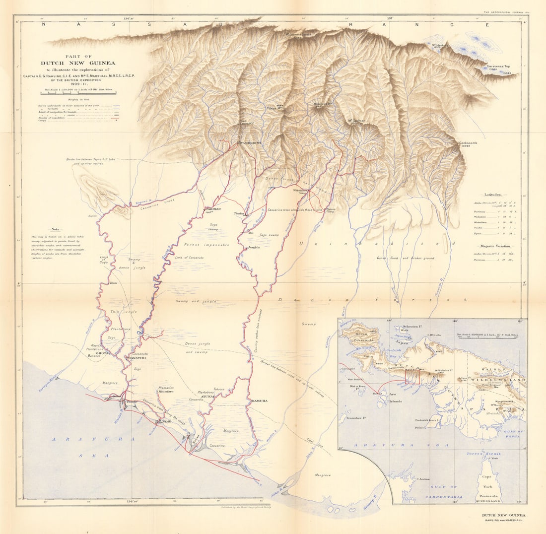 New Guinea. Rawling / British ornithologists' union expedition. RGS 1911 map: Part of Dutch New Guinea to illustrate the explorations of Captain C. G. Rawling, C.I.E., and Mr E. Marshall, M.R.C.S., L.R.C.P., of the British expedition, 1909-11'. In 1909 Rawling was attached to
