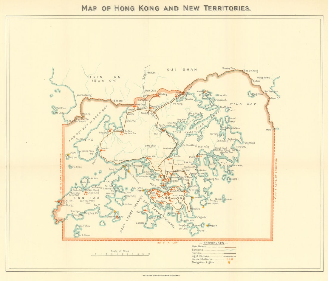 Hong Kong & New Territories. Police stations & Lighthouses. Waterlow 1938 map: Map of Hong Kong and New Territories'. Waterlow & Sons Ltd., London Wall, London. Published 1938. Antique colour map. Size 32 x 37 cm | 12.5 x 14.5 inches. Condition: Good; suitable for framing.