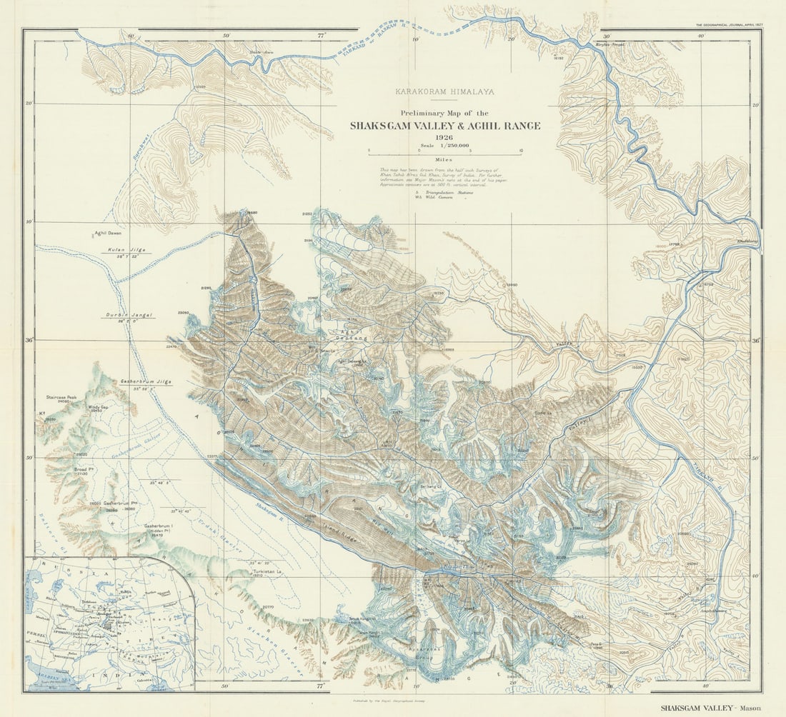 Karakoram Himalaya. Shaksgam Valley & Aghil Range. China Pakistan. RGS 1927 map: Karakoram Himalaya. Preliminary map of the Shaksgam Valley & Aghil Range, 1926'. Royal Geographical Society / Major Kenneth Mason & Survey of India. Published April 1927. Antique Royal