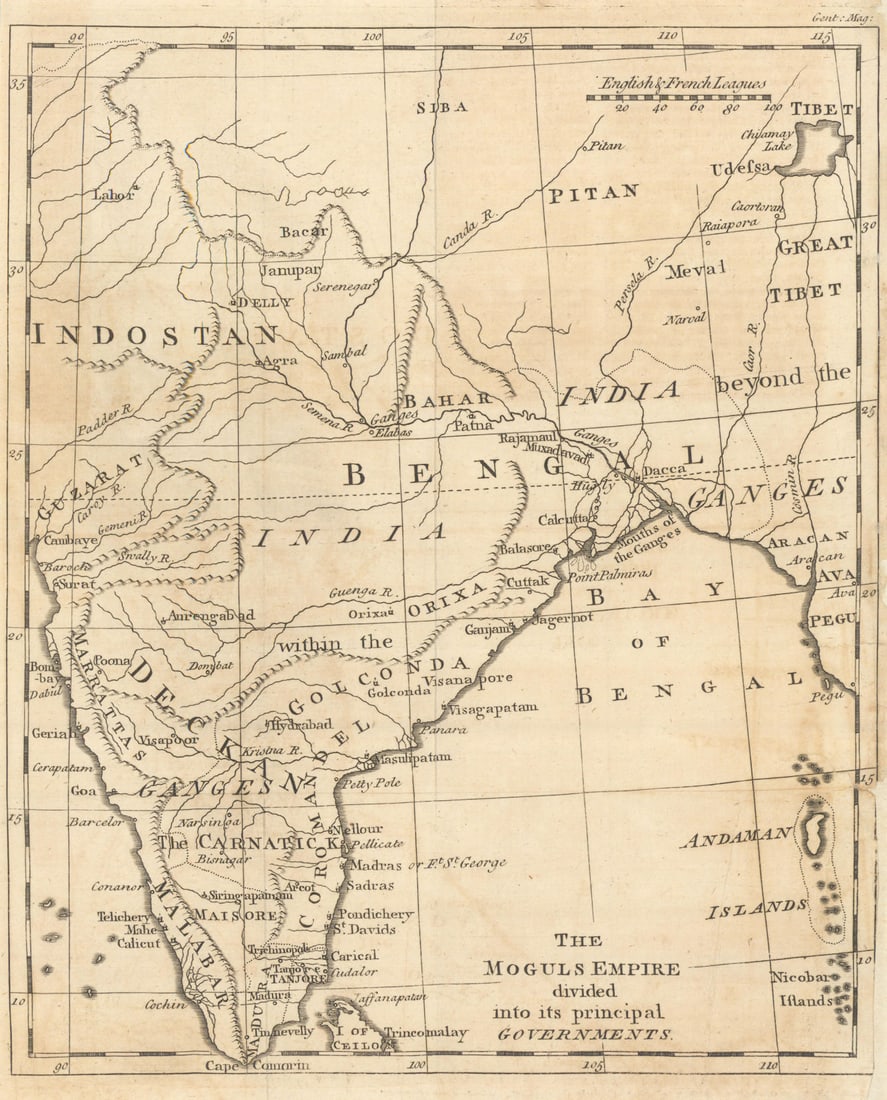 The Moguls Empire divided into its principal Governments. Gent's Mag 1767 map: The Moguls Empire divided into its principal Governments' by Anonymous. Published 1767. Antique copperplate map. Size 25 x 20 cm | 9.5 x 8.0 inches. Condition: Fair: Minor repairs to lower right