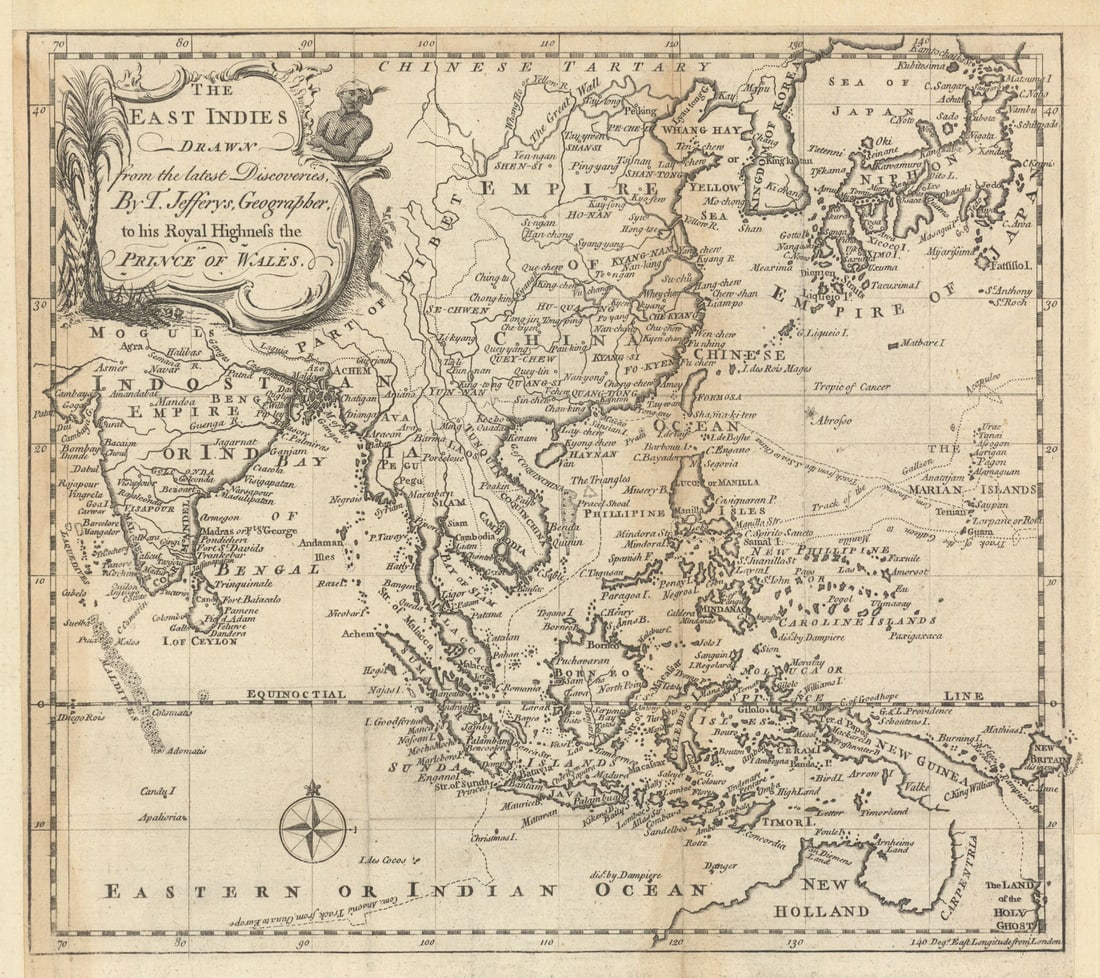The East Indies drawn from the latest discoveries by T. Jefferys. Asia 1748 map: The East Indies, drawn from the latest discoveries, by T. Jefferys, Geographer to his Royal Highness the Prince of Wales' by Jefferys, Thomas. Published 1748. Antique copperplate map. Size 23 x 26 cm