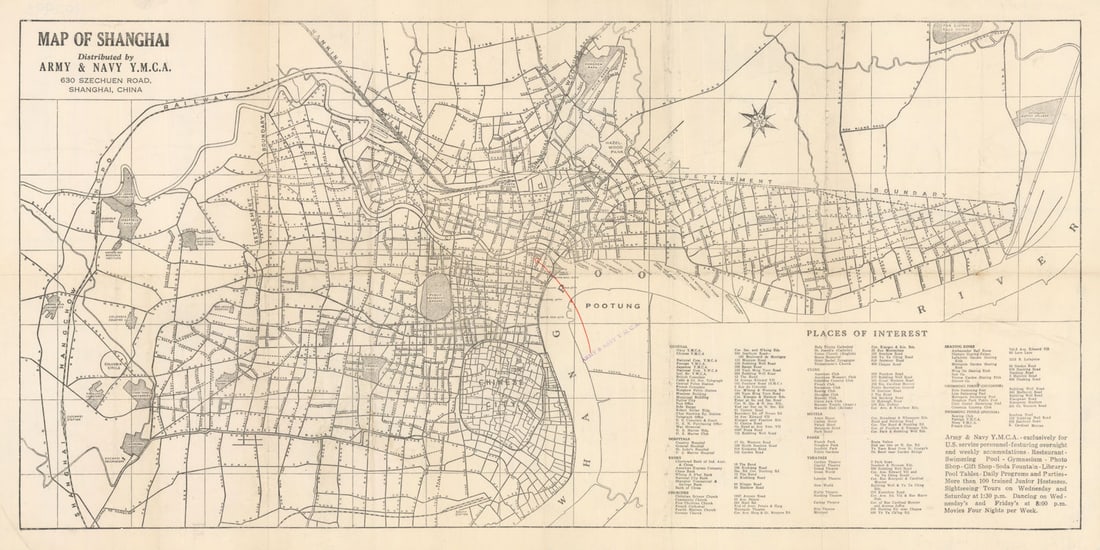 Map of Shanghai. Town/city plan by Army & Navy Y.M.C.A c1920 old antique: Map of Shanghai'. The map was issued by Army & Navy Y.M.C.A. a facility "exclusively for the use of U.S. Service personnel" by Army & Navy Y.M.C.A. Published c1920. Antique city plan. Size 32 x 63
