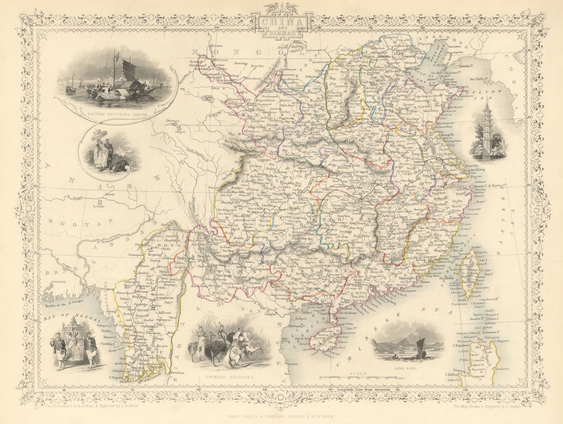 CHINA & BURMAH. Hong Kong vignette. Burma Formosa Taiwan.TALLIS/RAPKIN 1851 map: China and Burmah'. The course of the Great Wall of China is marked on the map. Vignettes: British Factories - Canton; Chinese Soldiers; Hong Kong. Includes Formosa [Taiwan] and Burma [Myanmar] . Map d