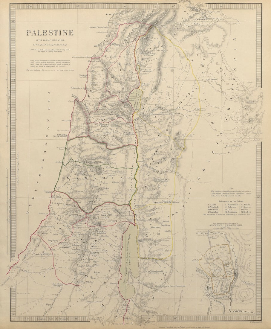 PALESTINE. in the time of Our Saviour Jesus; Ancient Jerusalem. SDUK 1844 map: PALESTINE, in the time of our Saviour; inset plan of Ancient Jerusalem' by S.D.U.K. - Society for the Diffusion of Useful Knowledge. Published 1844 - This map was originally published in 1842; this