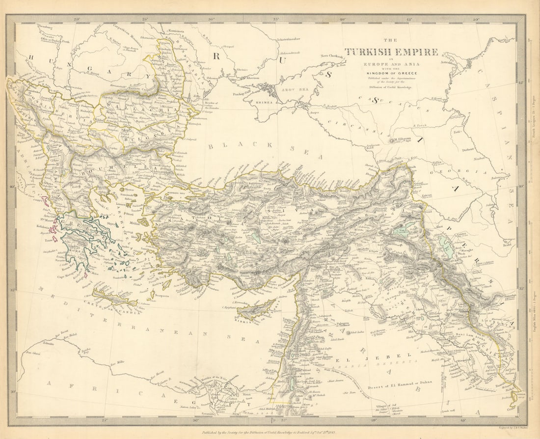 OTTOMAN EMPIRE in Europe & Asia. Greece. British Ionian Islands. SDUK 1844 map: TURKISH EMPIRE IN EUROPE AND ASIA WITH THE KINGDOM OF GREECE'. Coloured in pink are the United States of the Ionian Islands as a separate entity from Greece and Turkey, a state and amical