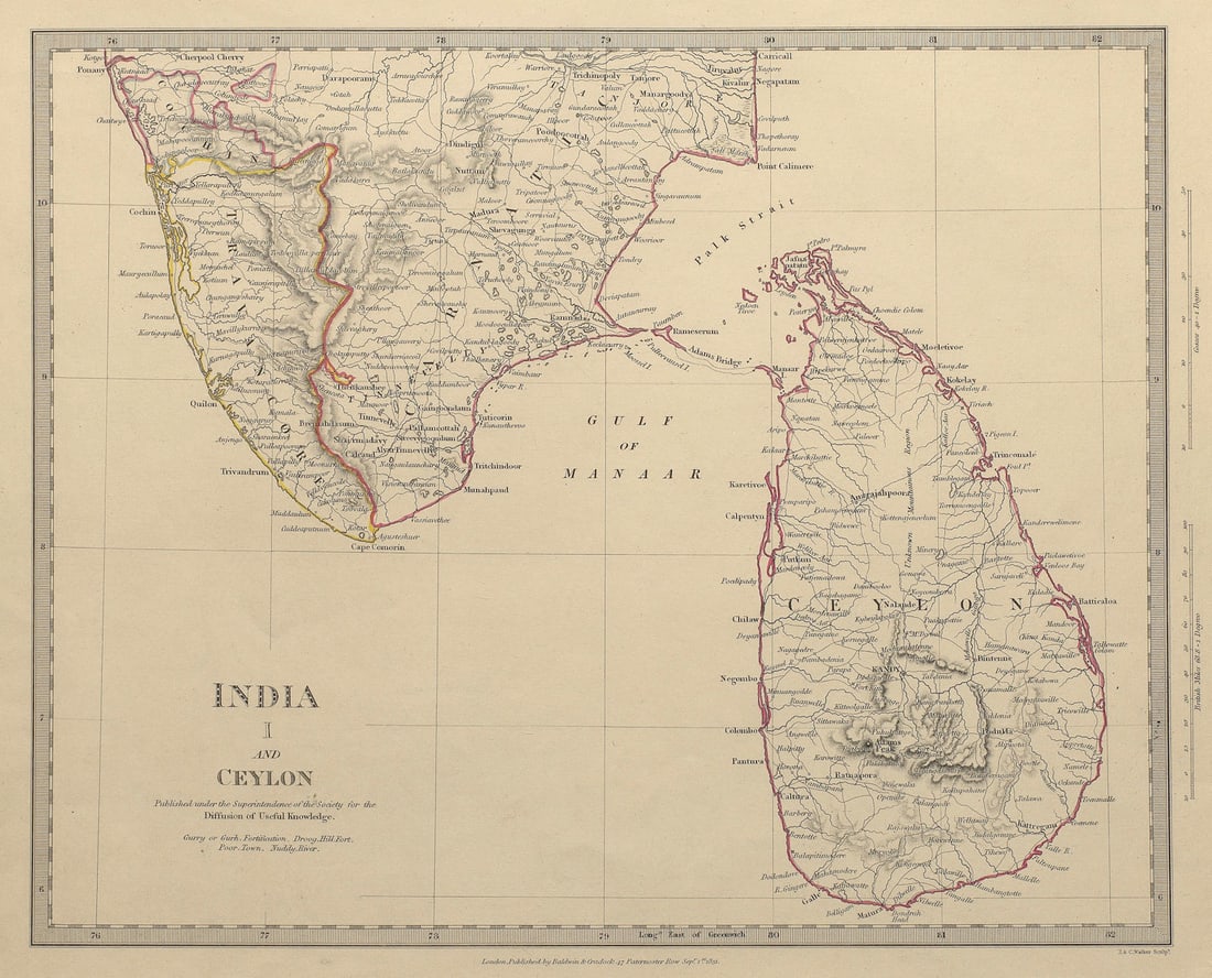 SOUTH INDIA & CEYLON (SRI LANKA) . Carnatic Travancore Kochi. SDUK 1844 map: INDIA, I., CEYLON. South, Carnatic' by S.D.U.K. - Society for the Diffusion of Useful Knowledge. Published 1844 - This map was originally published by Baldwin & Cradock in 1831; this date is printed