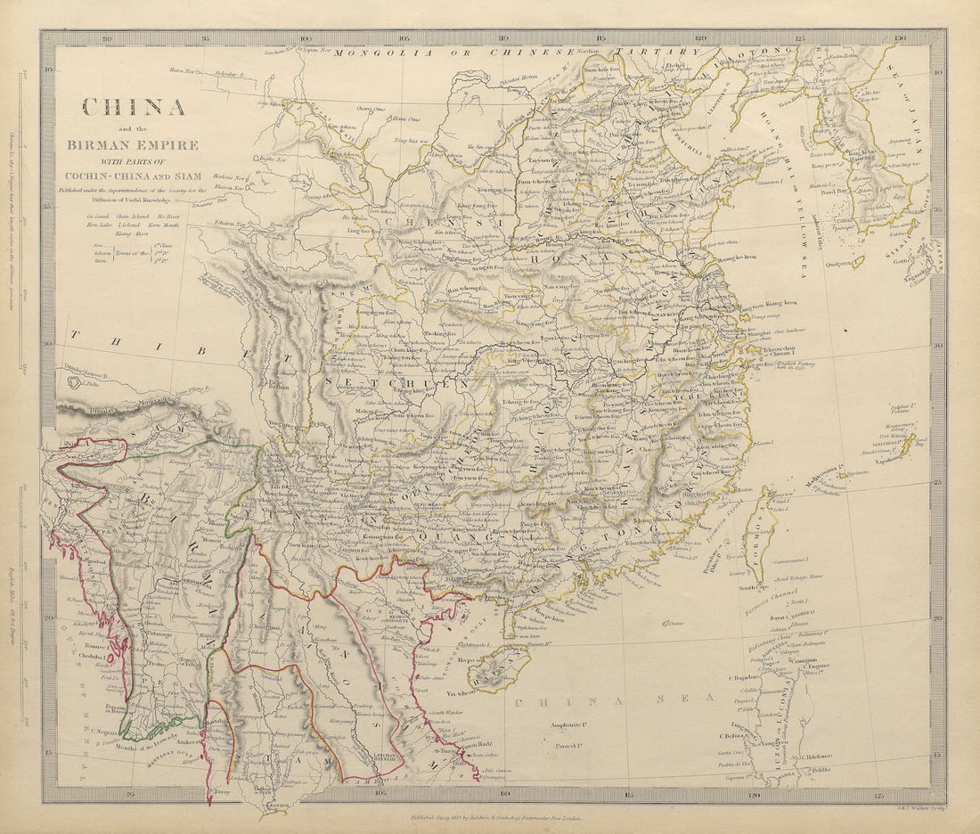 CHINA & BIRMAN EMPIRE. Burma Cochinchina Siam (Thailand) Korea. SDUK 1844 map: CHINA AND BIRMAN EMPIRE WITH PARTS OF COCHIN CHINA AND SIAM' by S.D.U.K. - Society for the Diffusion of Useful Knowledge. Published 1844 - This map was originally published by Baldwin & Cradock in