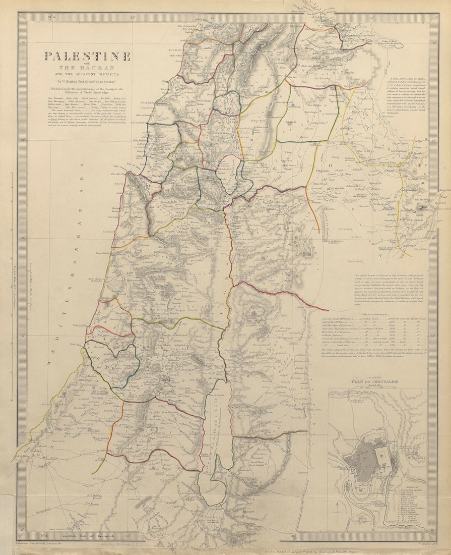 PALESTINE. Hauran. Israel Jordan Syria Lebanon. Jerusalem plan. SDUK 1844 map: PALESTINE WITH HAURAN AND THE ADJACENT DISTRICTS; inset plan of Jerusalem'. Cartography by Robinson, Burckhardt, Jacotin etc; engraved by W Hughes. Published 1844 - This map was originally published