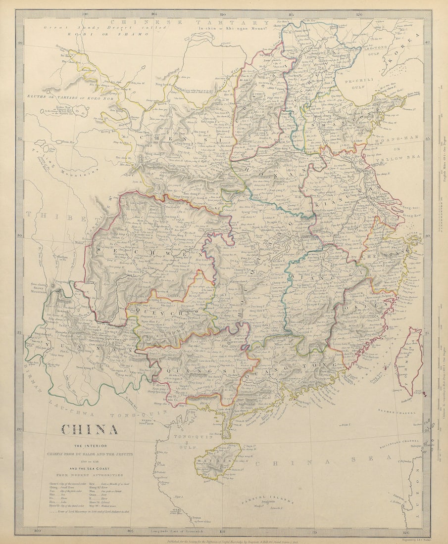 CHINA.From Du Halde Jesuits McCartney Kyaikkami. Formosa Taiwan.SDUK 1844 map: CHINA. THE INTERIOR CHIEFLY FROM DU HALDE AND THE JESUITS 1710-1718, AND THE SEA COAST FROM MODERN AUTHORITIES'. Cartography by Du Halde & the Jesuits; engraved by J & C Walker. Published 1844.