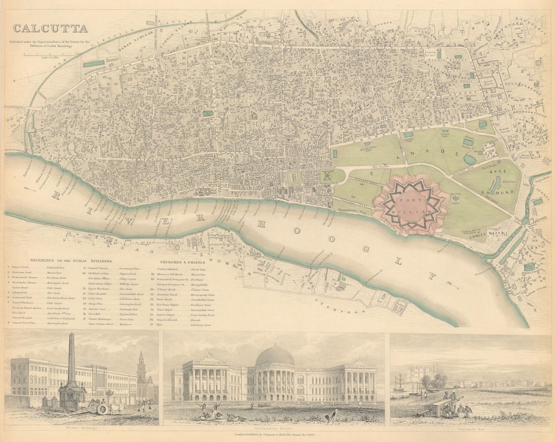 CALCUTTA KOLKATA. Antique town city map plan.Govt House.Esplanade Row.SDUK 1844: CALCUTTA' by S.D.U.K. - Society for the Diffusion of Useful Knowledge. Published 1844 - This map was originally published by The Society for the Diffusion of Useful Knowledge This edition of the map