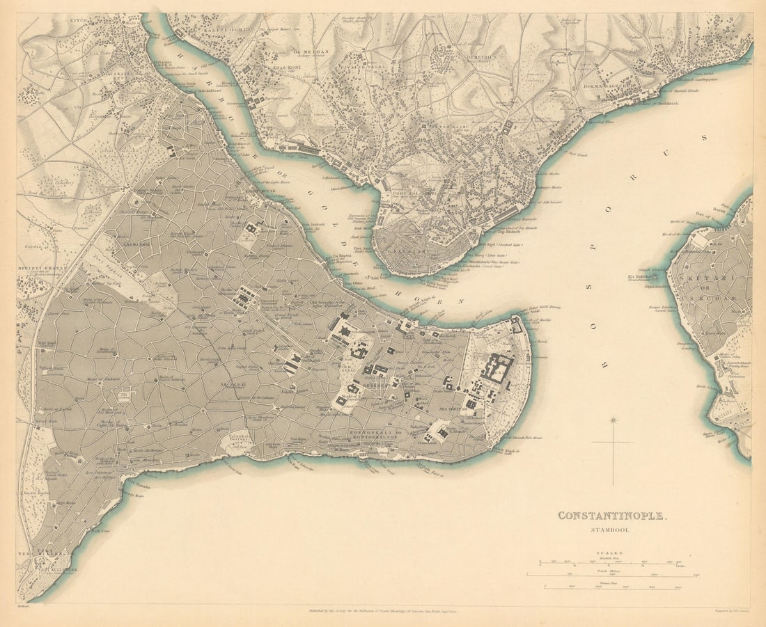 CONSTANTINOPLE ISTANBUL. Antique town city map plan.Stambool Galata. SDUK 1844: CONSTANTINOPLE. STAMBOOL' by S.D.U.K. - Society for the Diffusion of Useful Knowledge. Published 1844 - This map was originally published by The Society for the Diffusion of Useful Knowledge in 1840; 