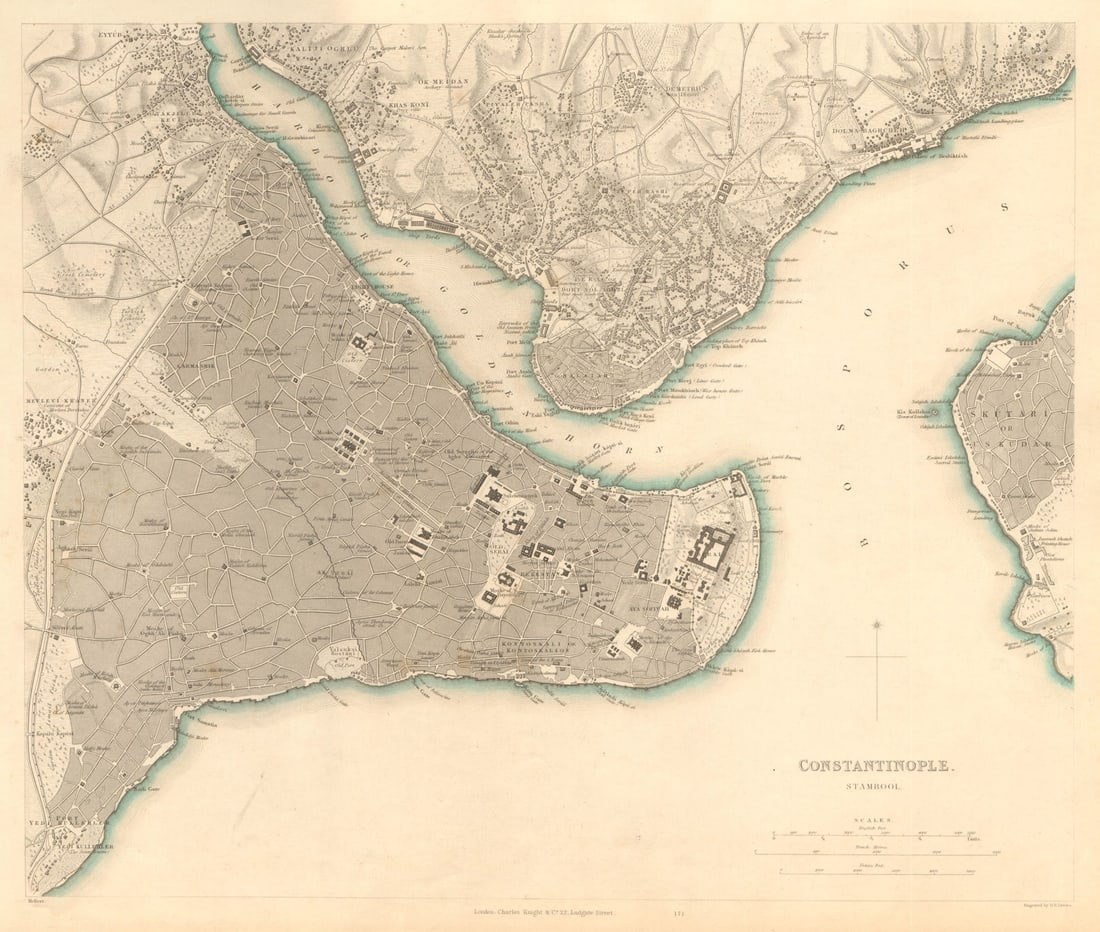 CONSTANTINOPLE ISTANBUL. Antique town city map plan. Stambool Galata. SDUK 1847: CONSTANTINOPLE. STAMBOOL' by S.D.U.K. - Society for the Diffusion of Useful Knowledge. Published 1847. Antique steel engraved map with original outline hand colouring. Size 34 x 40 cm | 13.5 x 15.5 in