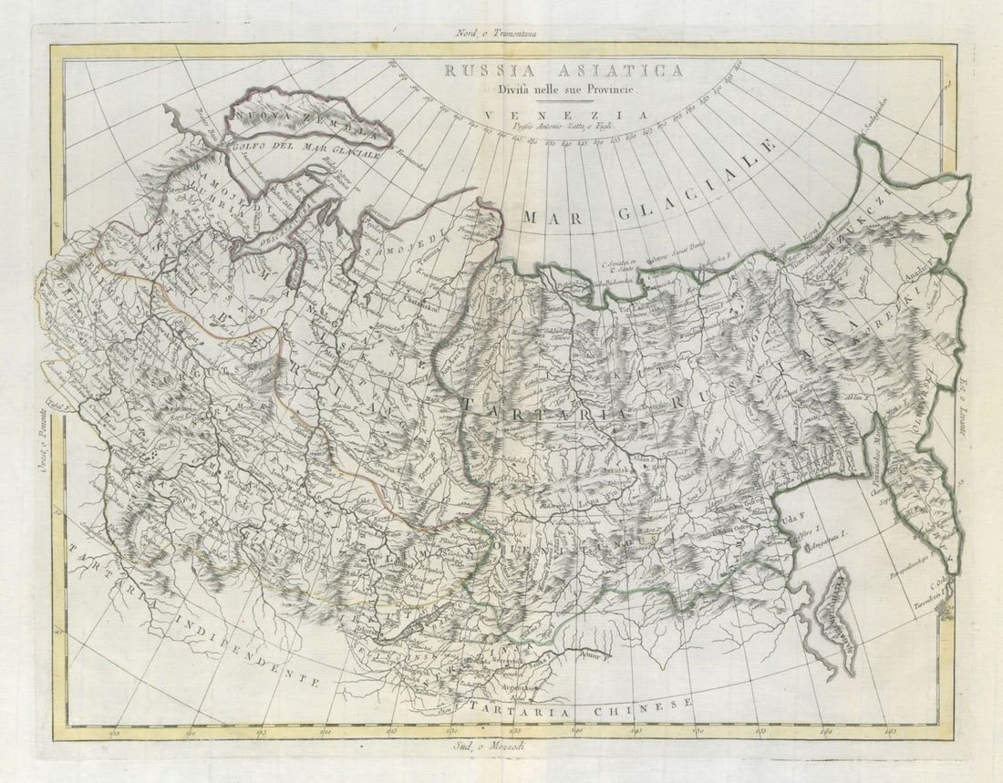 Russia Asiatica divisa. Asiatic Russia. Siberia. ZATTA 1785 old antique map: Russia Asiatica divisa nelle sue provincie'. Asiatic Russia divided into its provinces. Siberia by Zatta, Antonio. Published Published in 1785.. Antique 18th century Italian copperplate map with origi