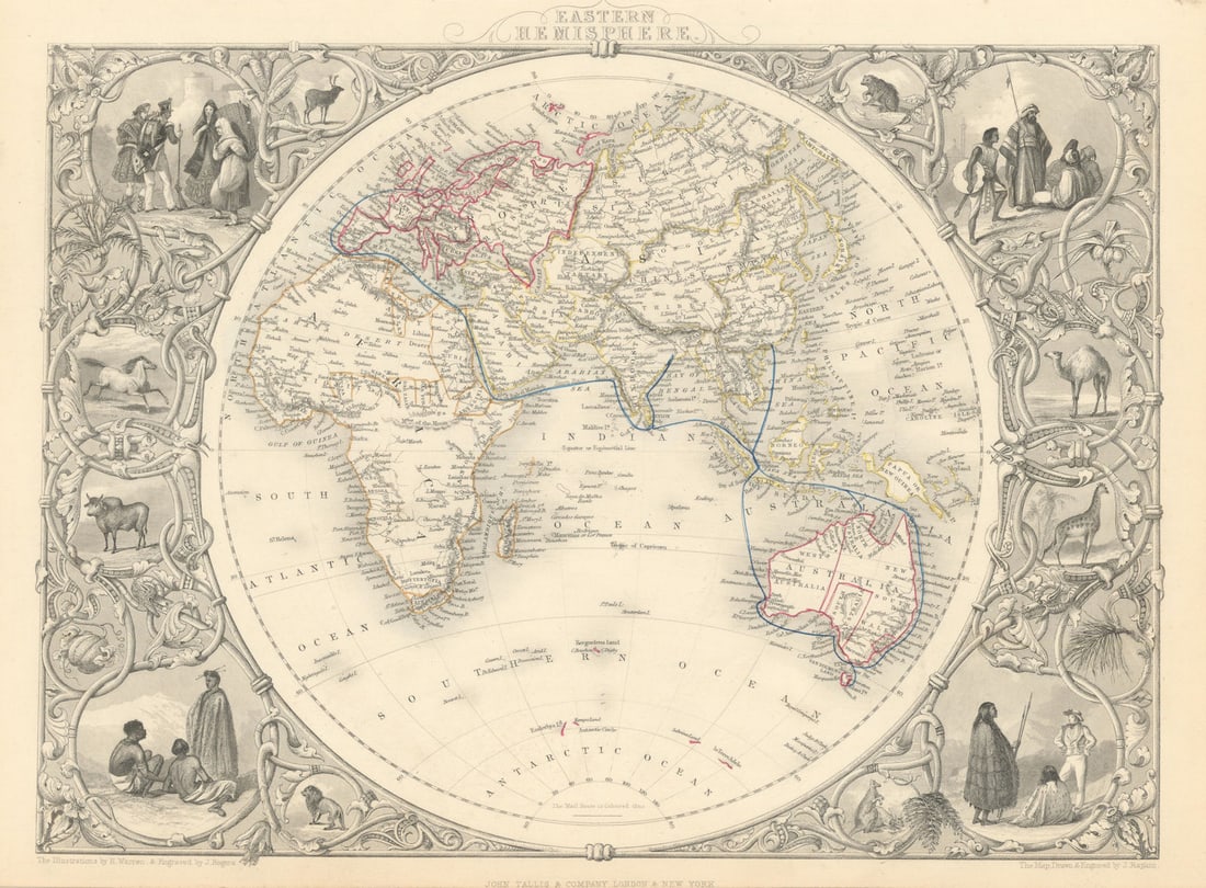 EASTERN HEMISPHERE.Shows mail routes to British colonies. RAPKIN/TALLIS 1851 map: Eastern Hemisphere'. The steamship mail route from Britain to Asia is indicated in blue. Marked on the map are the Mountains of Kong and the Mountains of the Moon, non-existent mountain ranges charted