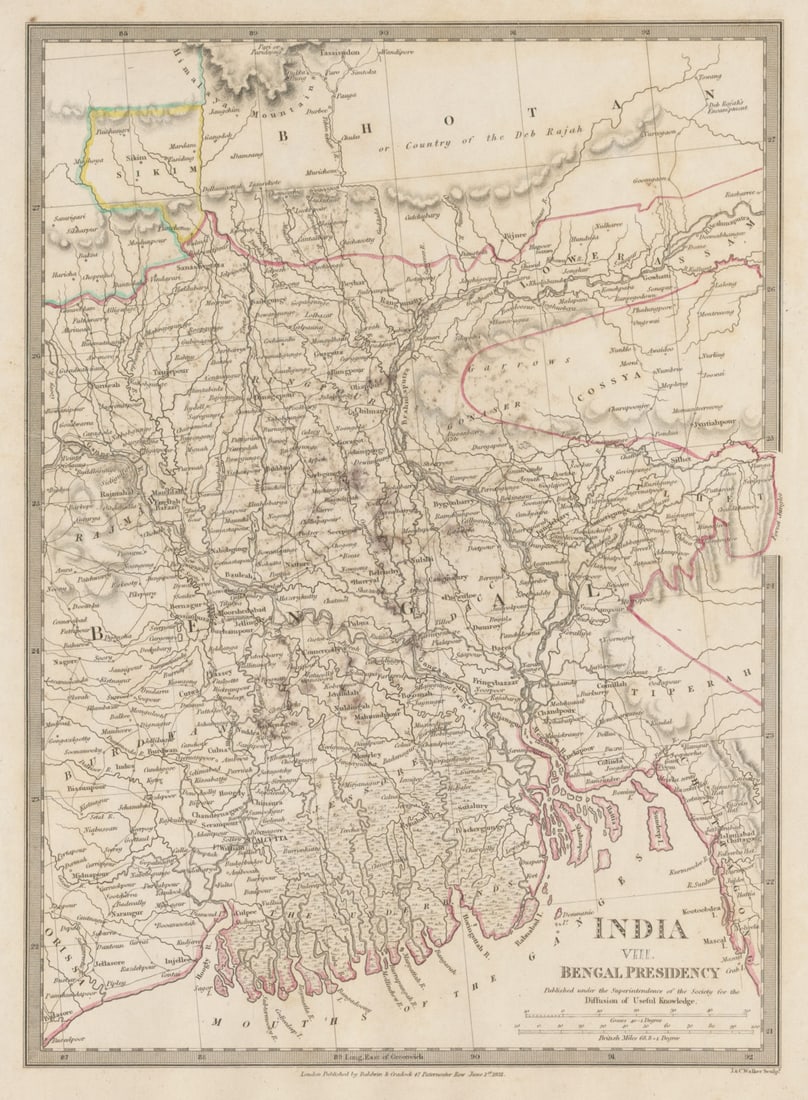 BENGAL BANGLADESH. Chittagong Chotogram Sikkim Bhutan Meghalaya. SDUK 1844 map: INDIA, VIII., Bengal Presidency' by S.D.U.K. - Society for the Diffusion of Useful Knowledge. Published 1844 - This map was originally published by Baldwin & Cradock in 1831; this date is printed on t