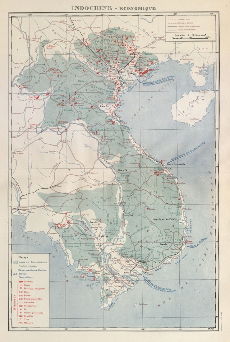 COLONIAL FRENCH INDOCHINA. Indochine francaise. Economique. Economic 1931 map: Indochine - Economique'. Commandant P. Pollacchi. Published 1931. Vintage atlas map. Size 51 x 34 cm | 20.0 x 13.5 inches. Condition: Good; suitable for framing. The image shown may have been taken fr