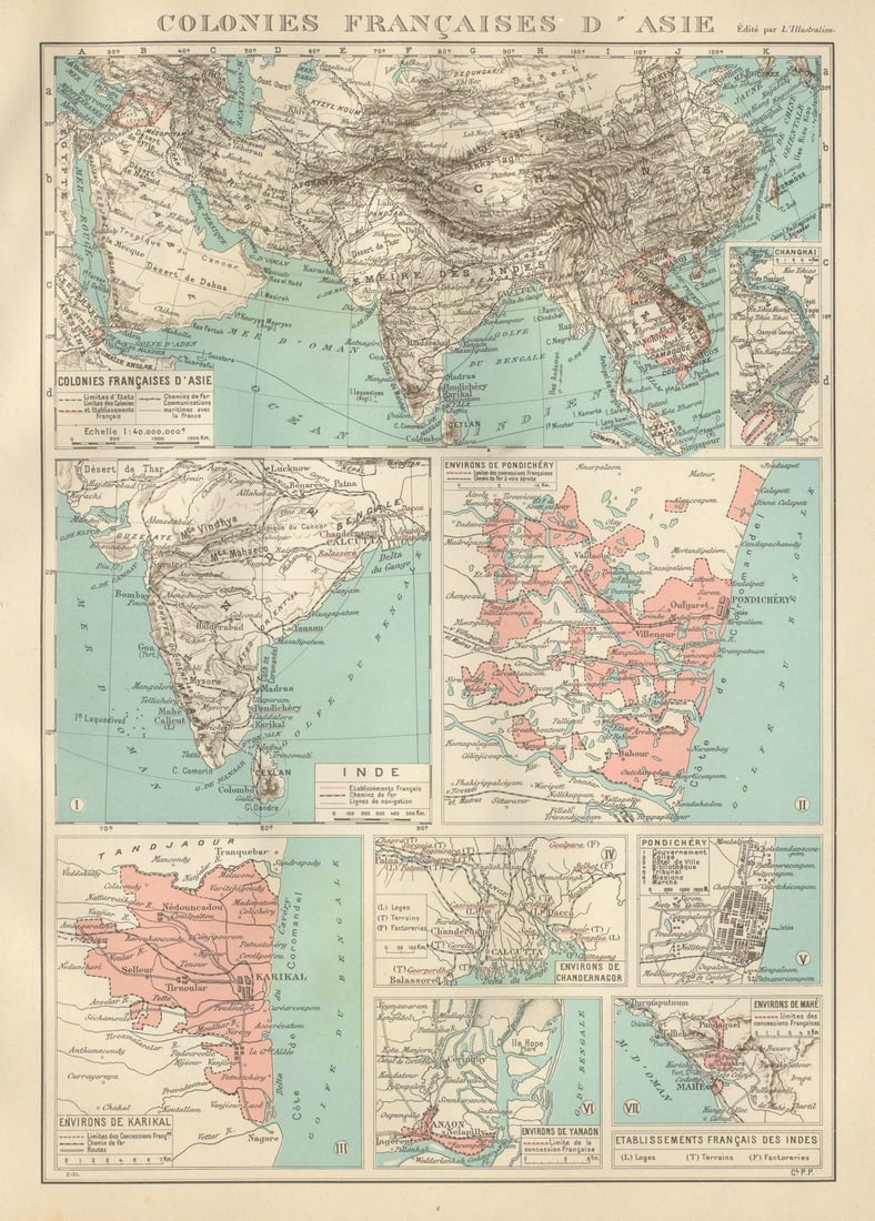 FRENCH INDIA Indes francais Pondichery Karikal Yanaon Chandernagor Mahe 1931 map: Colonies Francaises d'Asie. Etablissements Francais des Indes: Environs de Pondichery; Inde; Environs de Karikal; Environs de Yanaon; Environs de Chandernagor; Environs de Mahe; Pondichery. Changhai'.