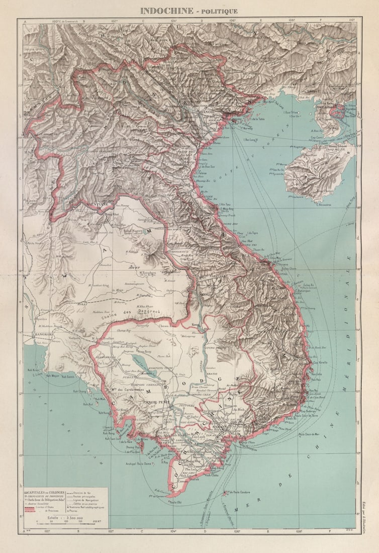 COLONIAL FRENCH INDOCHINA. Indochine francaise. Politique. Political 1931 map: Indochine - Politique'. Commandant P. Pollacchi. Published 1931. Vintage atlas map. Size 51 x 34 cm | 20.0 x 13.5 inches. Condition: Good; suitable for framing. The image shown may have been taken