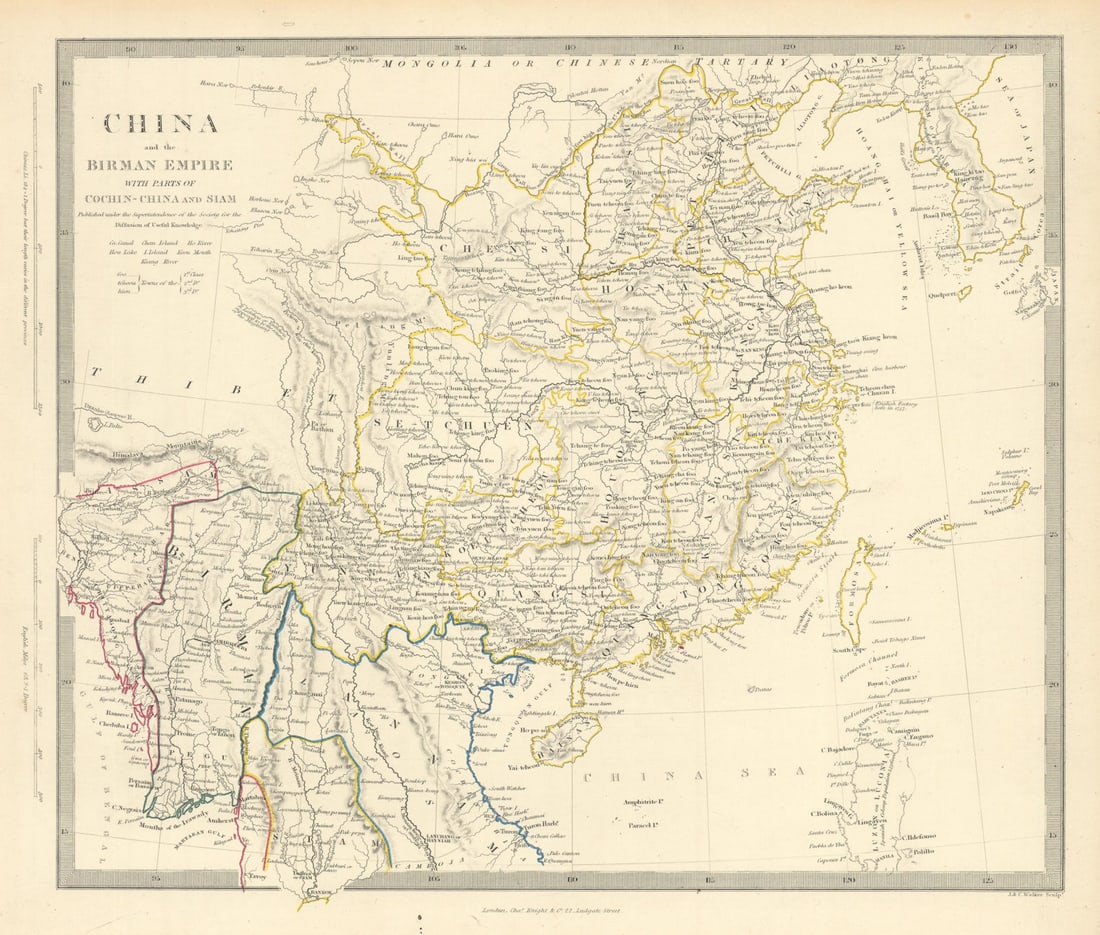 CHINA & BIRMAN EMPIRE. Burma Cochinchina Siam Thailand Korea. SDUK 1851 map: CHINA AND BIRMAN EMPIRE WITH PARTS OF COCHIN CHINA AND SIAM' by S.D.U.K. - Society for the Diffusion of Useful Knowledge. Published 1851. Antique steel engraved map with original outline hand colourin