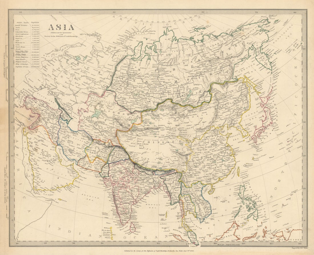 ASIA. India Arabia Persia Siam Cochinchina Tartary. Population. SDUK 1844 map: ASIA' by S.D.U.K. - Society for the Diffusion of Useful Knowledge. Published 1844 - This map was originally published by The Society for the Diffusion of Useful Knowledge in 1840; this date is