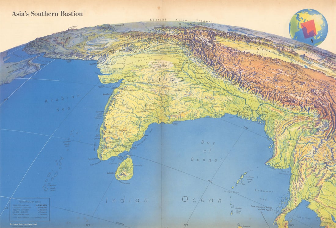 Asia's Southern Bastion by Richard Edes Harrison. Cold war geostrategic map 1950: Asia's Southern Bastion'. This geostrategic map, titled "Asia's Southern Bastion" highlights South Asia's strategic significance in the context of the emerging Cold War-era alliances and tensions. The