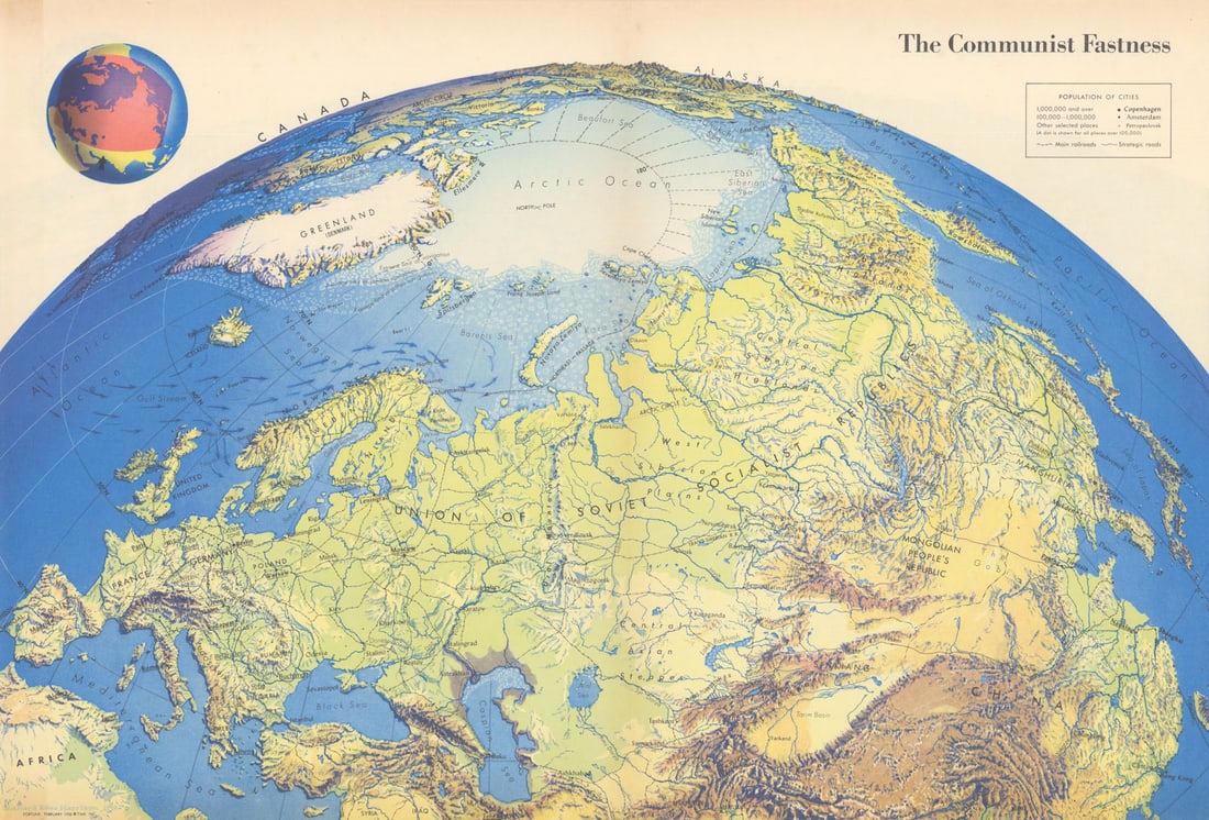 The Communist Fastness by Richard Edes Harrison. Cold War geostrategic map 1950: The Communist Fastness'. The creator of this 1950 map, Richard Edes Harrison, said of it "World War II is over but now we have the cold war and it cannot be ignored. This is a handy view to