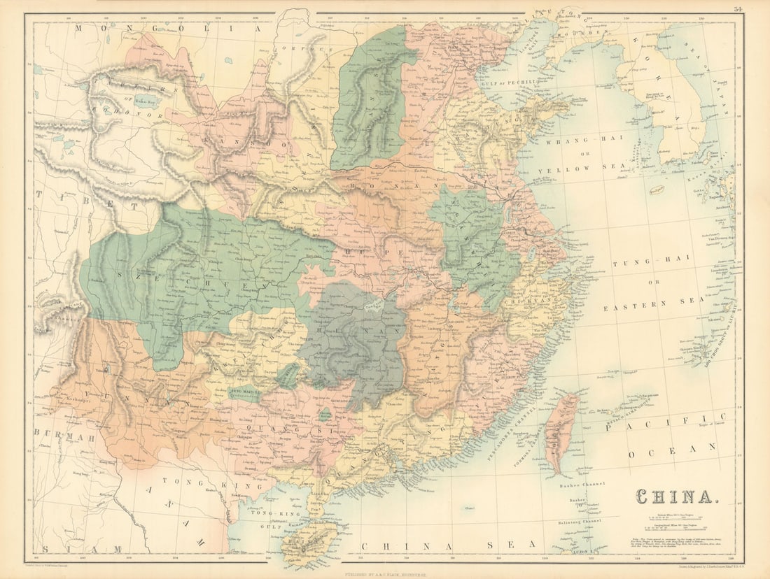China in provinces. Independent Seng Maio Si. BARTHOLOMEW 1862 old antique map: China' by Bartholomew, John. Published 1862. Antique coloured atlas map. Size 44 x 59 cm | 17.5 x 23.0 inches. Condition: Good; suitable for framing. The image shown may have been taken from a