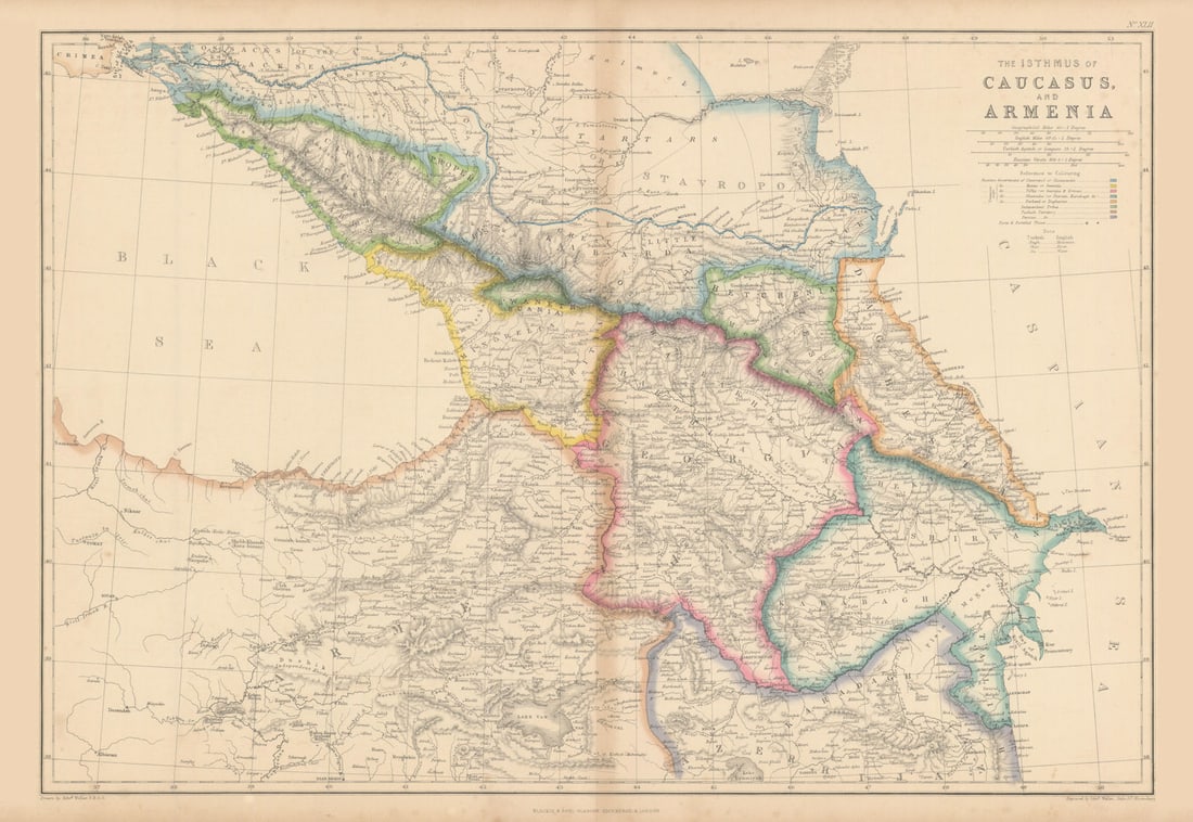 The Isthmus of Caucasus & Armenia by Edward Weller. Georgia Azerbaijan 1860 map: The Isthmus of Caucasus and Armenia' by Weller, Edward. Published 1860. Antique engraved atlas map with original hand colour/color. Size 37 x 53 cm | 14.5 x 21.0 inches. Condition: Good; suitable for