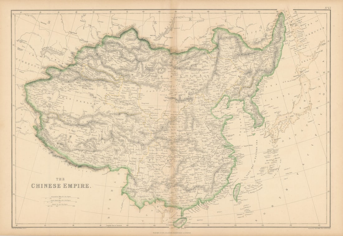 The Chinese Empire by Edward Weller. China, Mongolia, Tibet & Korea 1860 map: The Chinese Empire' by Weller, Edward. Published 1860. Antique engraved atlas map with original hand colour/color. Size 37 x 53 cm | 14.5 x 21.0 inches. Condition: Good; suitable for framing. Please