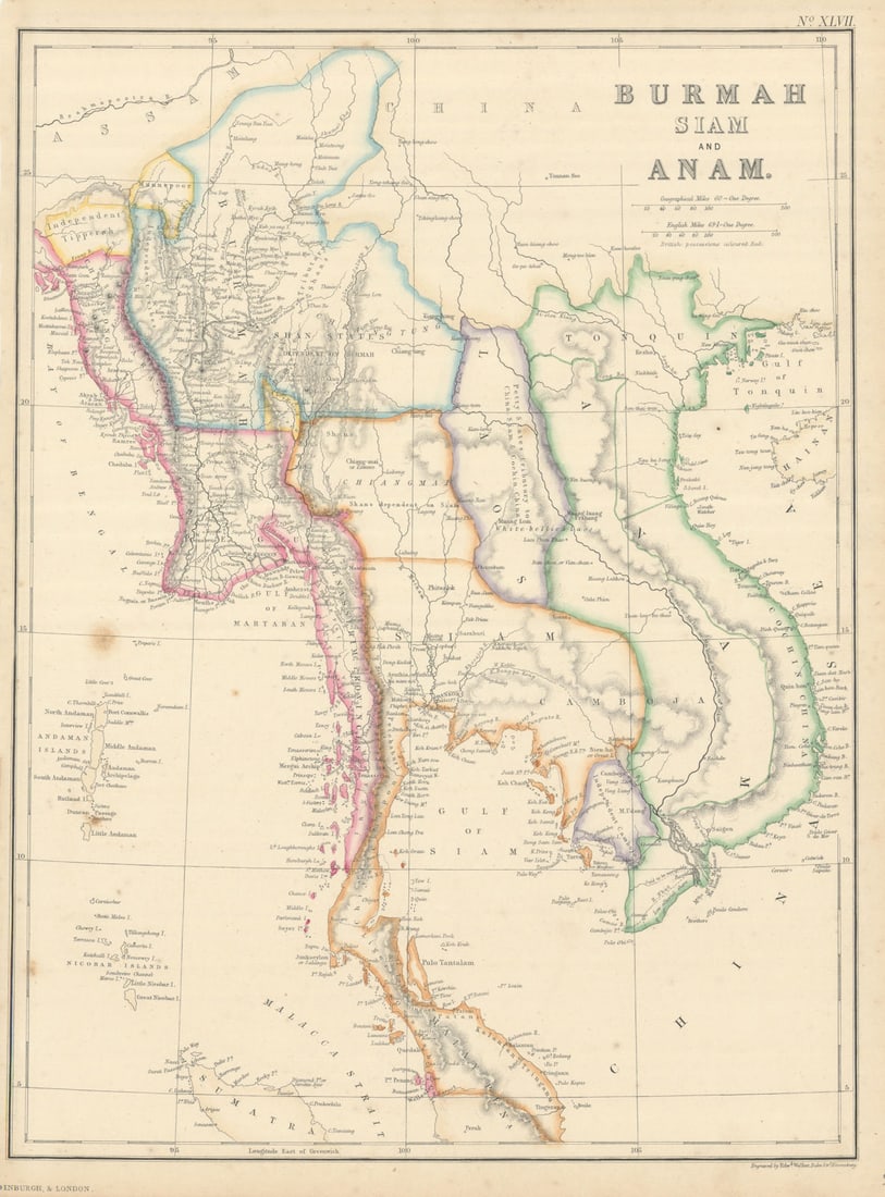 Burmah, Siam & Anam. Indochina Shan States Thailand Vietnam. WELLER 1860 map: Burmah, Siam, and Anam' by Weller, Edward. Published 1860. Antique engraved atlas map with original hand colour/color. Size 37 x 27 cm | 14.5 x 10.5 inches. Condition: Fair: Spot. Please note any