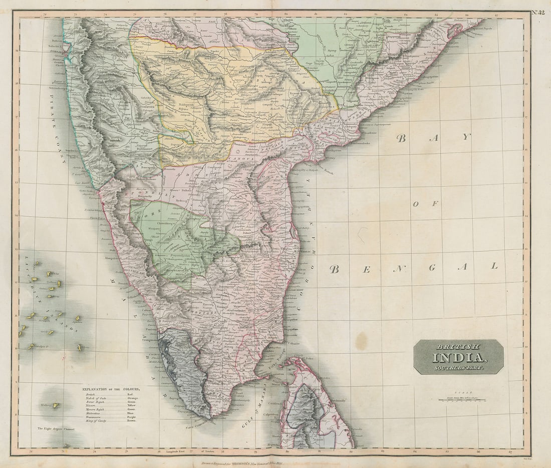 British India, southern part. Coromandel & Malabar coasts. THOMSON 1817 map: British India, southern part'. A large detailed map of southern India showing British territories and Native States. The Malabar, Coromandel and Pirate coasts are marked. Part of ceylon is shown. .