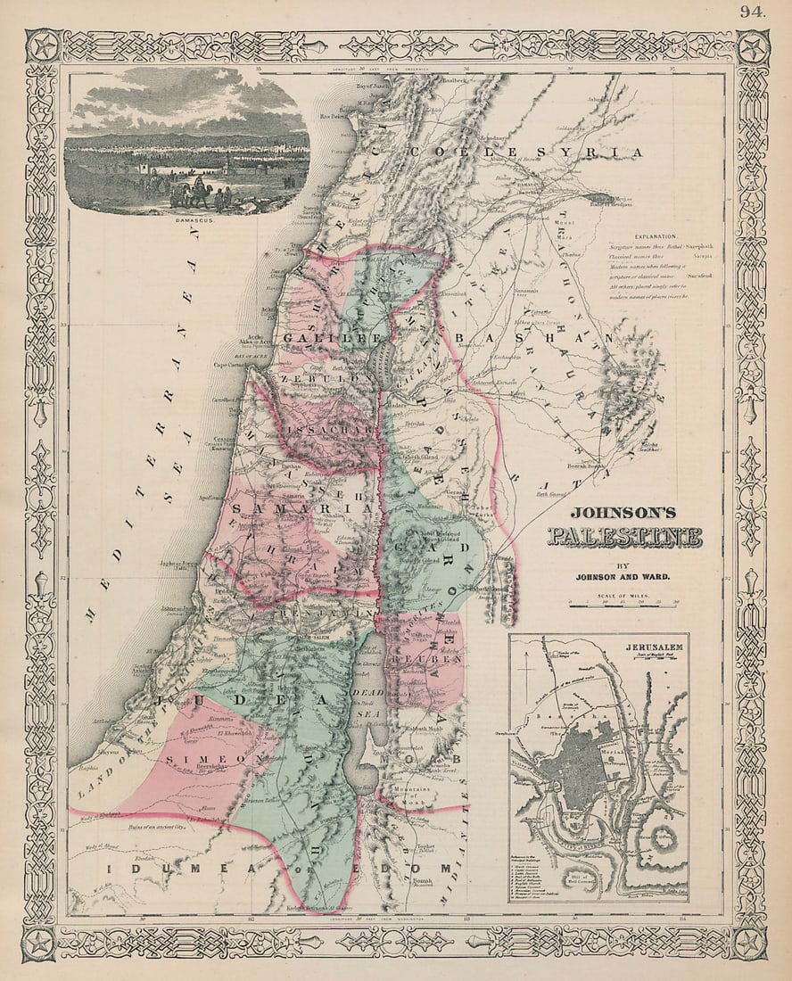 Johnson's Palestine. Jerusalem Damascus. 12 tribes of Israel. Holy Land 1865 map: Johnson's Palestine // Jerusalem Vignette of Damascus' by Johnson, Alvin Jewett. Published 1865. Large, decorative hand coloured 19th century atlas map. Size 42 x 34 cm | 16.5 x 13.5 inches.