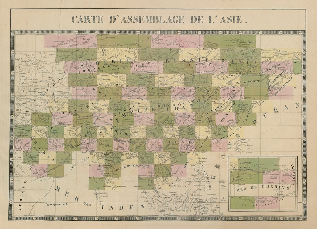 Carte d'Assemblage de l'Asie. Asia & Middle East index map VANDERMAELEN 1827: Carte d'Assemblage de l'Asie'. Index map of Asia and the Middle East . Philippe Marie Guillaume Vandermaelen. Lithography by Henri Ode. Published 1827. Antique folio-sized lithographic atlas map, hand
