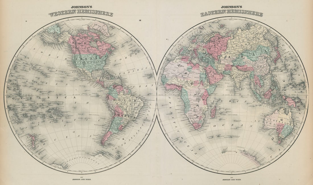 Johnson's Western & Eastern Hemispheres. World 1865 old antique map plan chart: Johnson's Western Hemisphere & Eastern Hemisphere' by Johnson, Alvin Jewett. Published 1865. Large, decorative hand coloured 19th century atlas map. Size 40 x 68 cm | 15.5 x 27.0 inches. Condition