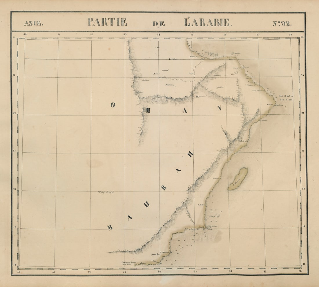 Asie. Partie de l'Arabie #92 Oman & SE Saudi Arabia VANDERMAELEN 1827 old map: Asie - Partie de l'Arabie - No. 92'. Most of Oman, and south-eastern Saudi Arabia . Philippe Marie Guillaume Vandermaelen. Lithography by Henri Ode. Published 1827. Antique folio-sized lithographic at