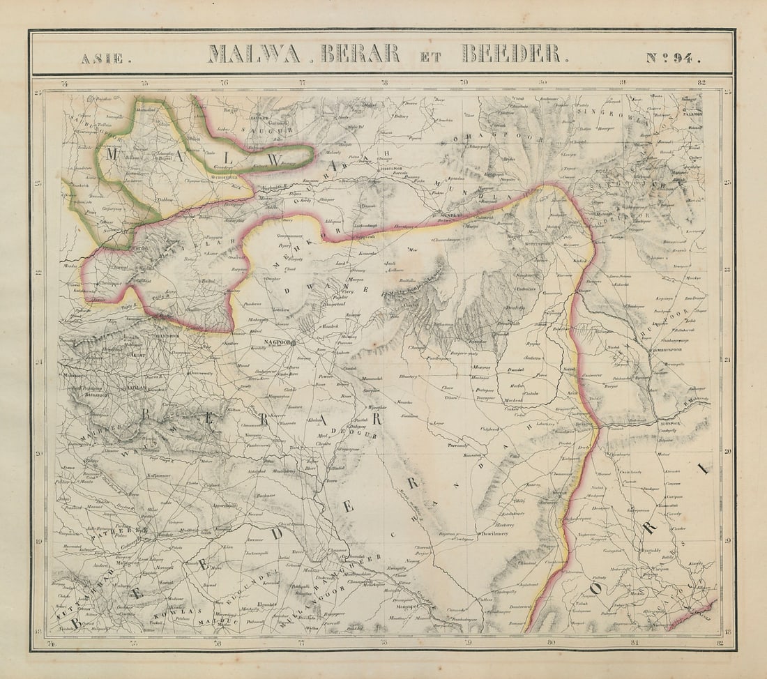 Asie. Malwa, Berar & Beeder #94 Central India Chhattisgarh VANDERMAELEN 1827 map: Asie - Malwa, Berar et Beeder - No. 94'. Central India including Chhattisgarh, south-eastern Madhya Pradesh, eastern Maharashtra and northern Telangana . Philippe Marie Guillaume Vandermaelen. Lithogr
