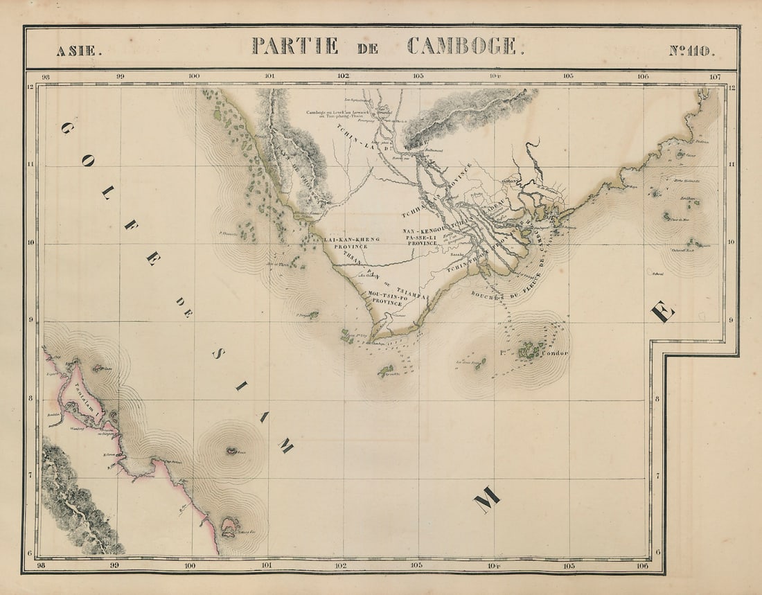 Asie. Partie de Camboge #110 Mekong delta Vietnam Cambodia VANDERMAELEN 1827 map: Asie - Partie de Camboge - No. 110'. The lower Mekong and its delta in Southern Vietnam and Cambodia, and part of peninsular Thailand and Malaysia . Philippe Marie Guillaume Vandermaelen. Lithography 