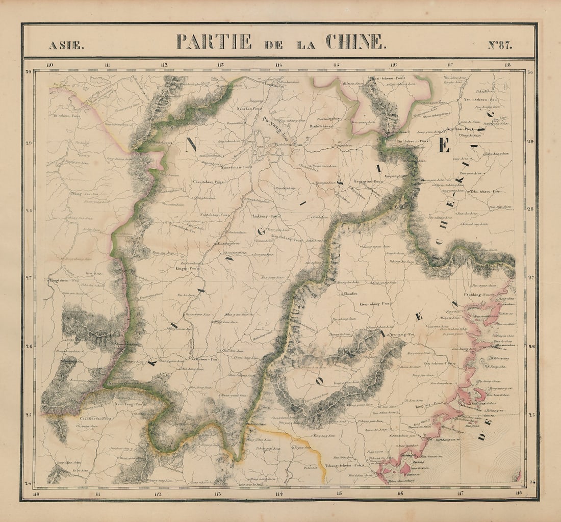 Asie. Partie de la Chine #87 Jiangxi Fujian Hunan China. VANDERMAELEN 1827 map: Asie - Partie de la Chine - No. 87'. Jiangxi, Fujian, eastern Hunan, south-western Zhejiang, northern Guangdong . Philippe Marie Guillaume Vandermaelen. Lithography by Henri Ode. Published 1827. Antiq