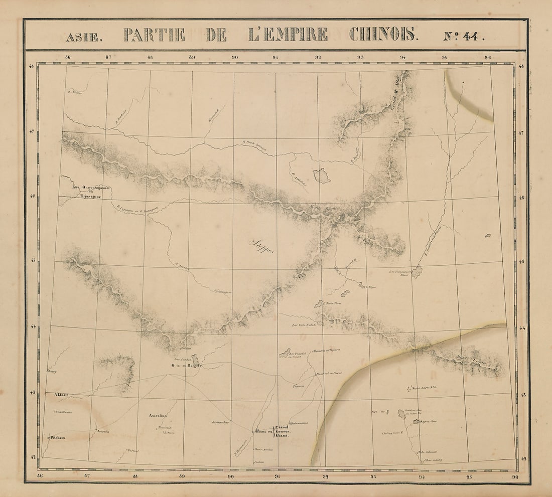 Asie. Empire Chinois #44 NW Xinjiang, China & SW Mongolia. VANDERMAELEN 1827 map: Asie - Partie de l'Empire Chinois - No. 44'. North-western Xinjiang and south-western Mongolia including the Gobi desert . Philippe Marie Guillaume Vandermaelen. Lithography by Henri Ode. Published 18