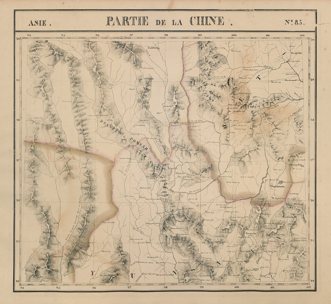Asie. Partie Chine #85 Burma Tibet Sichuan Yunnan China. VANDERMAELEN 1827 map: Asie - Partie de la Chine - No. 85'. Northern Burma and parts of Tibet, south-western Sichuan and northern Yunnan . Philippe Marie Guillaume Vandermaelen. Lithography by Henri Ode. Published 1827. Ant