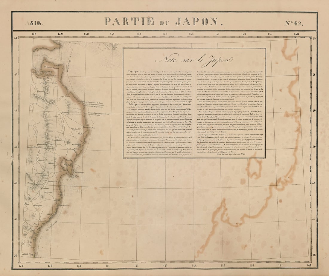 Asie. Partie du Japon #62 Japan. East-central Honshu coast VANDERMAELEN 1827 map: Asie - Partie du Japon [Note sur le Japon] - No. 62. The east-central coast of Honshu. Shows sea route of Broughton in 1797. Includes "Note sur le Japon" which is continued on sheet no. 61. .