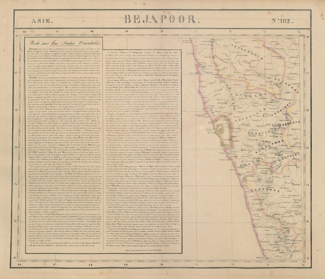 Asie. Bejapoor #102 SW India Maharashtra Goa Karnataka. VANDERMAELEN 1827 map: Asie - Bejapoor [Note Sur les Indes Orientales] - No. 102. Part of south-western India, including southern Maharashtra, Goa, Karnataka and northern Kerala . Philippe Marie Guillaume Vandermaelen. Lith
