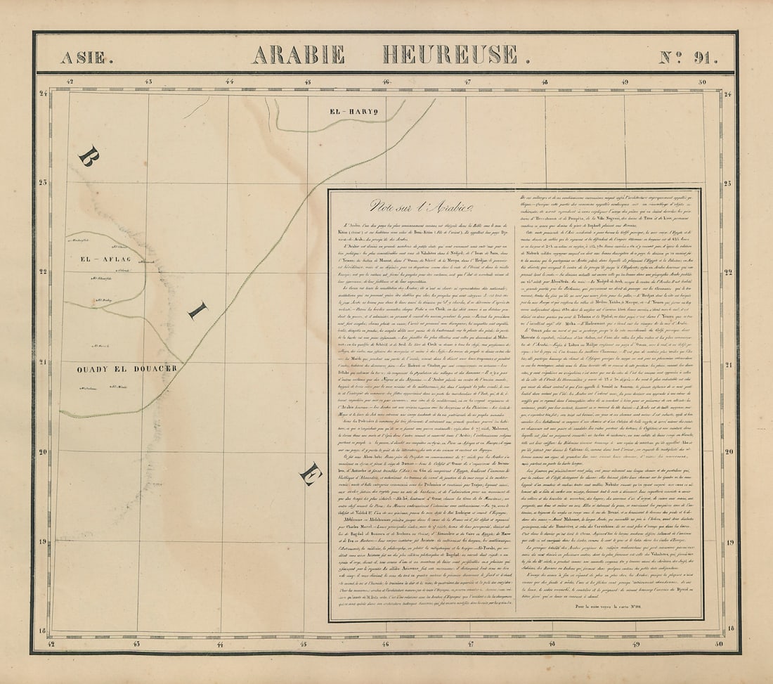 Asie. Arabie Heureuse #91 Saudi Arabia Empty Quarter. VANDERMAELEN 1827 map: Asie - Arabie Heureuse [Note Sur l'Arabie] - No. 91. Part of the Empty Quarter of south central Saudi Arabia. Includes "Note sur l'Arabie. Pour la suite voyez la carte no. 101." . Philippe Marie