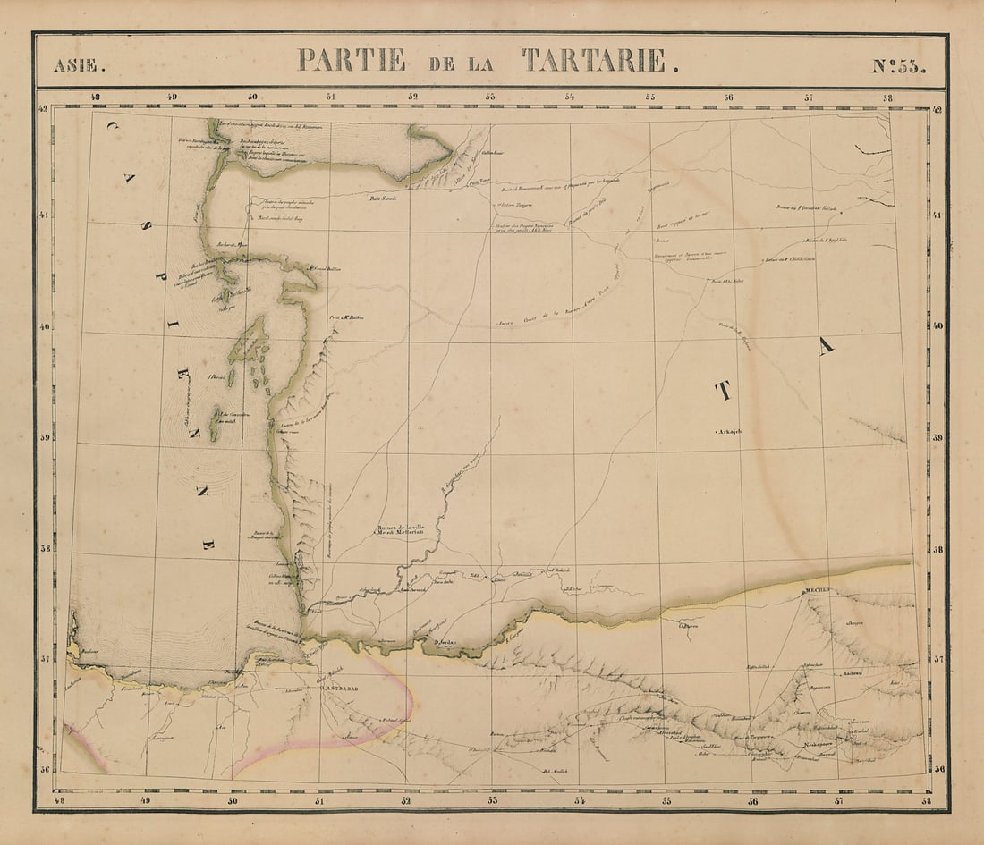 Asie. Tartarie #53 Caspian Sea. Turkmenistan Iran. VANDERMAELEN 1827 old map: Asie - Partie de la Tartarie - No. 53'. The south-eastern part of the Caspian Sea, western Turkmenistan and north-eastern Iran . Philippe Marie Guillaume Vandermaelen. Lithography by Henri Ode.