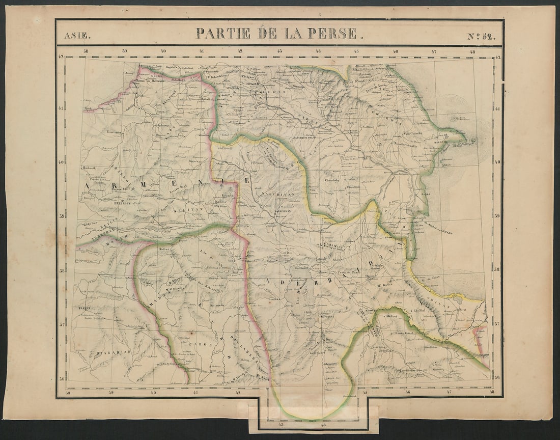 Asie. Partie de la Perse #52 Southern Caucasus Iran Turkey VANDERMAELEN 1827 map: Asie - Partie de la Perse - No. 52'. The southern Caucasus including eastern Turkey, Armenia, Azerbaijan, and northern Syria, Iraq and Iran, with the south-western Caspian Sea . Philippe Marie Guillau
